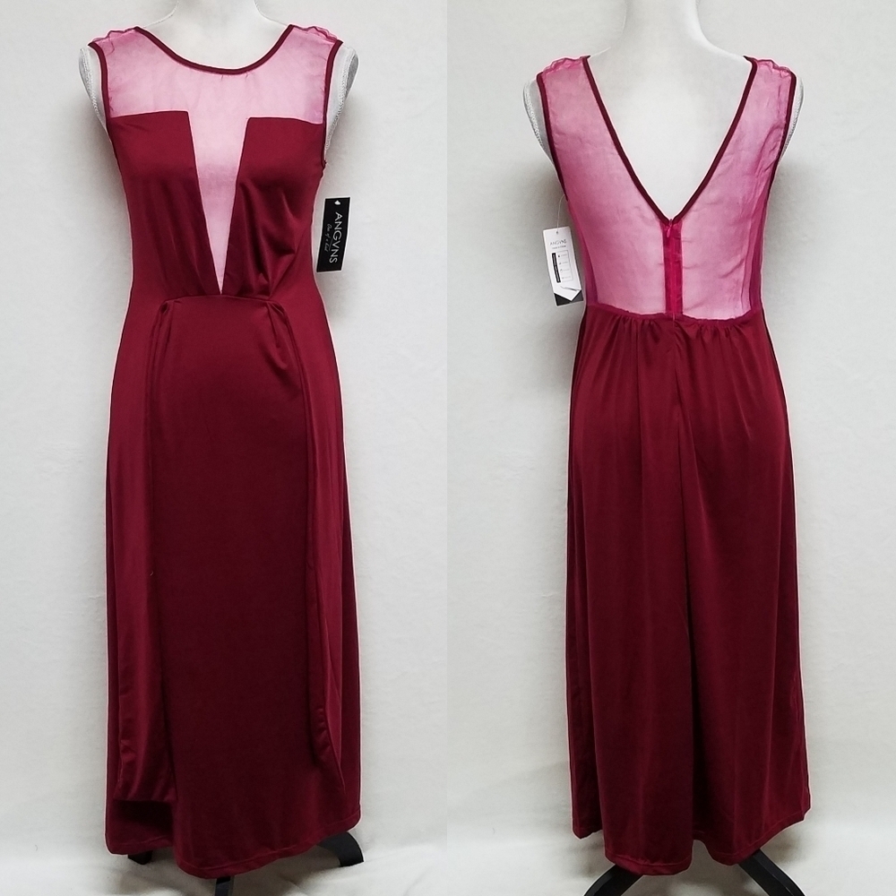 Angvns Burgundy Mesh Plunging Neckline Tie-Waist Sleeveless Midi Dress
